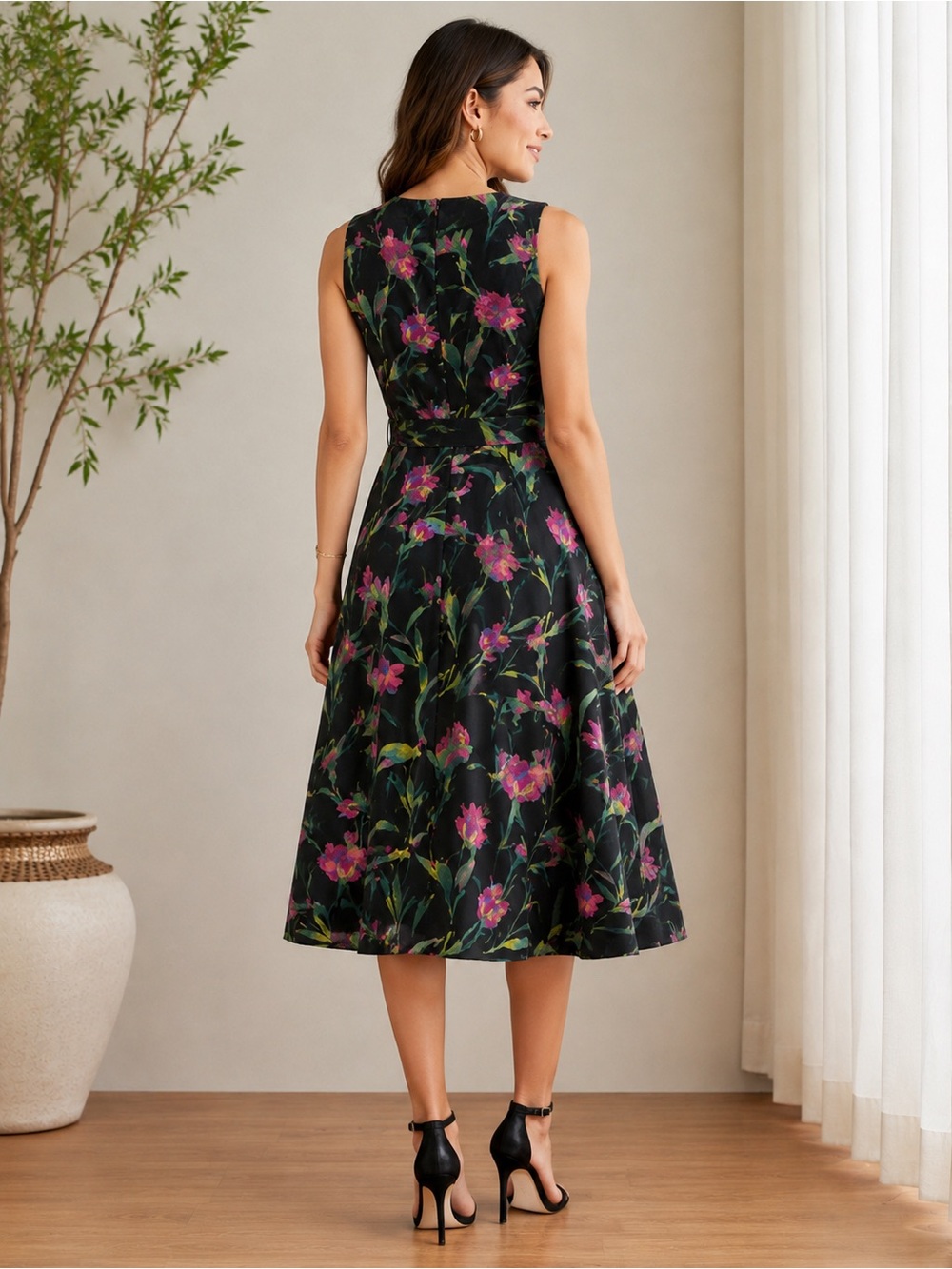 Elle Black Floral Tie-Waist Midi Dress with Pink & Green Print - Picture 2 of 12